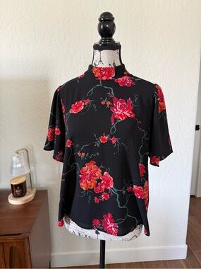 Floral Mock-Neck Blouse in Black with Red Pink Blooms